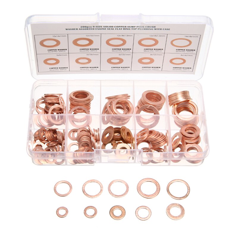 200pcs Solid Copper Washer Gasket Seal Flat Ring Fuel Hydraulic Fittings Set for Full Set Gaskets