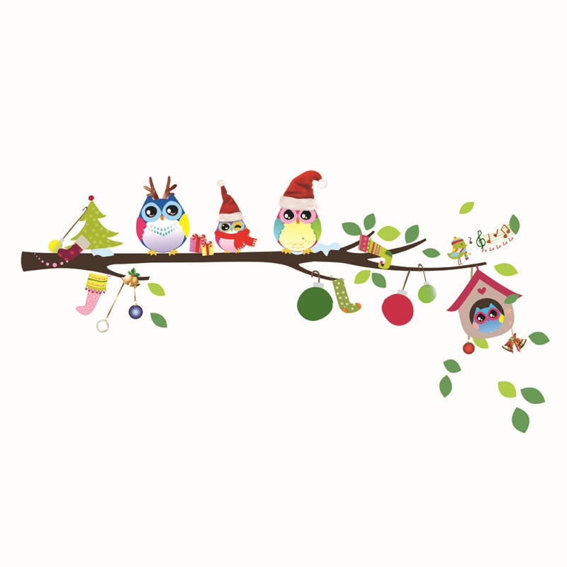 Cartoon Christmas owl on tree Wall Stickers for kids rooms nursery Mural Art Decals animals sticker home decoration wallpaper