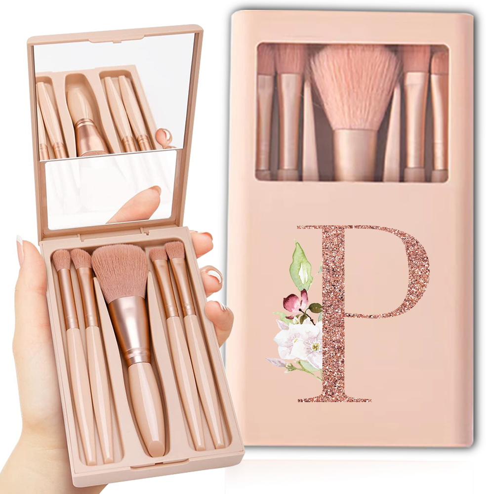 Kit de brochas cosméticas con espejo y estuche, caja plegable, juego de brochas de maquillaje, herramienta de belleza portátil, patrón de letras de oro rosa, 5 uds.