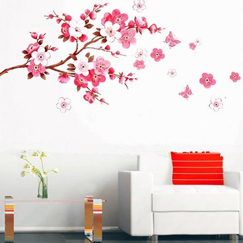 Pink Cherry Blossom Flower Wall Stickers Decals Romantic Flower Mural Vinyl Wallpaper Home Living Room Bedroom Decor