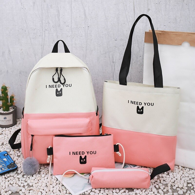 4 Pcs/set School Bags for Teenage Girls Anti Theft Travel Backpack Laptop Bagpack Rucksack Women College Student Backbag Mochila: Pink