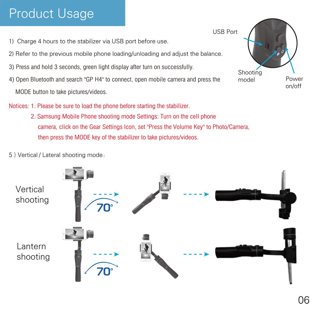 H2 3 Achsen Video Rekord Unterstützung Verlängerung Selfie Einstellbar Richtung draussen Smartphone Stabilisator Handheld Gimbal USB Ladung