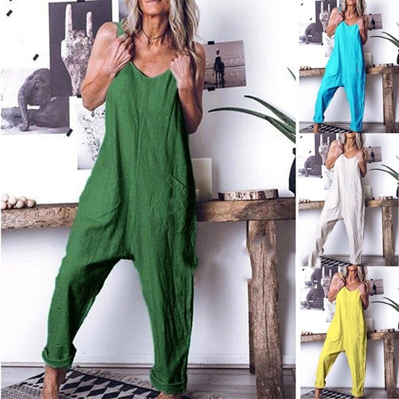 Plus Size 5XL Vrouwen Casual Spaghettibandjes Tuinbroek Vintage V-hals Losse Party Lange Harem Overalls Rompertjes Effen Jumpsuits