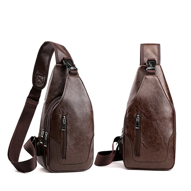 Waterproof PU Leather Chest Bag - USB Charging Port & Headphone Hole - Portable Travel Crossbody: Dark Brown