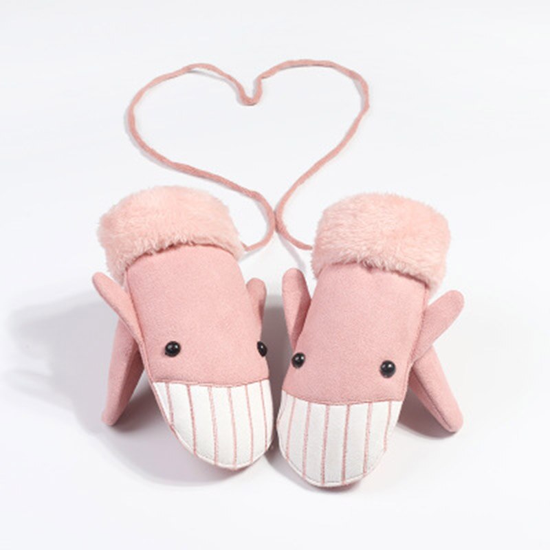 Gants pour enfants hiver épais cachemire dessin animé pingouin requin daim cuir gants garçon/fille suspendus cou mitaines de Ski H29