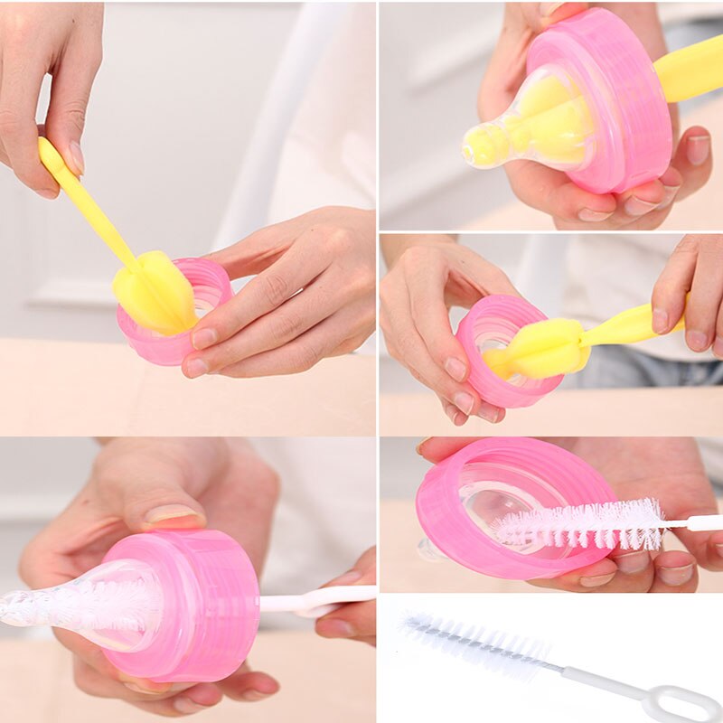 4pz spazzola per biberon bottiglia di lavaggio bottiglia spazzola per capezzoli strumento spugna 360 gradi testa rotante pulizia tazza spazzola kit strumento di pulizia