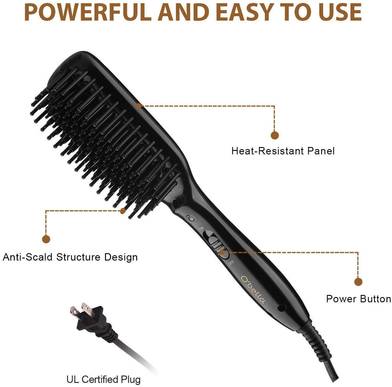 O'Bella Hair Straightener Brush Dual-Voltage 45 Second Fast Heat Up 28mm Long High Density Comb Teeth Anion