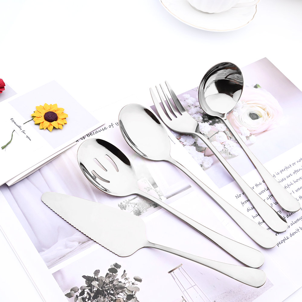 5Pcs Silver Dinnerware Set Stainless Steel Cutlery Service Utensils Buffet Catering Cake Spatula Service Spoon Fork Flatware Set
