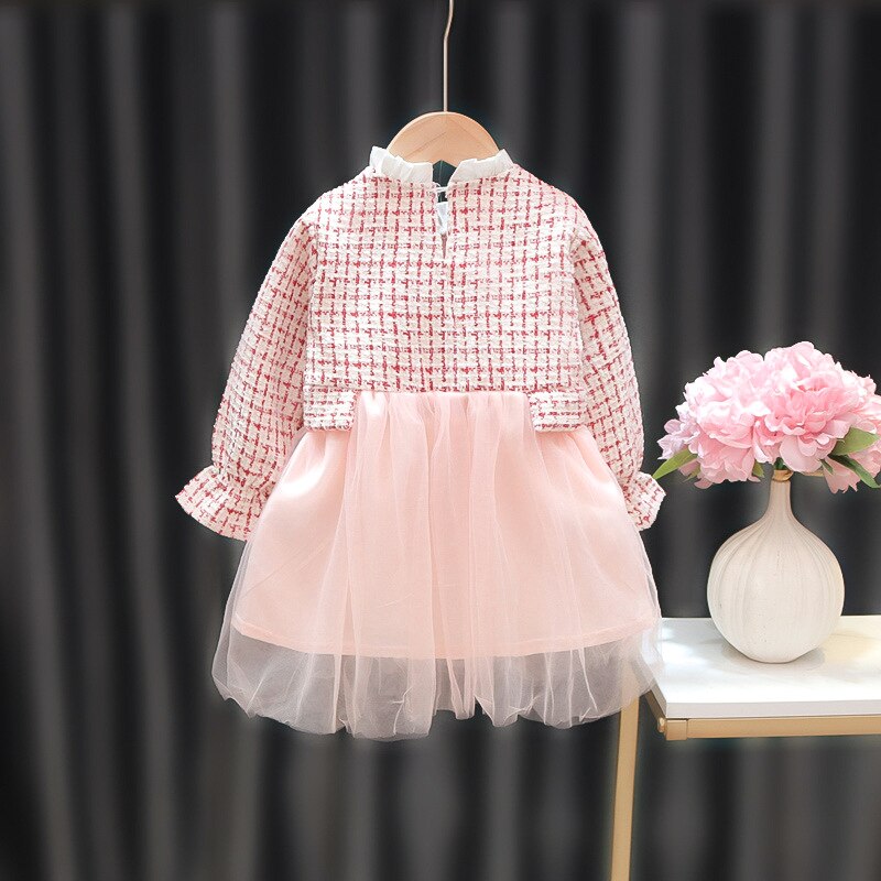 Meisjes Voorjaar Jurken Plaid Patchwork Mesh Prinses Baby Jurk Kinderen Kleding Lange Mouw Zoete Roze Voor Lente En Herfst