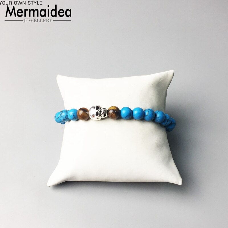 Tilbehør smykker lavasten blå sten perle kranium skelet sølvbelagt charme stretch armbånd til kvinder