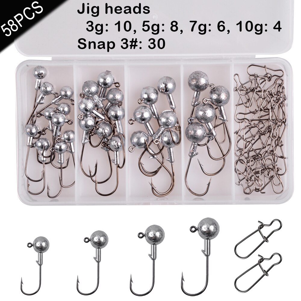 100/58/20Pcs Lead Jig head Crank Fishing hooks Jigging head Soft worm bait Trout Bass Leader Jigs Rig Saltwater Barbed Fishhooks: 58PCS