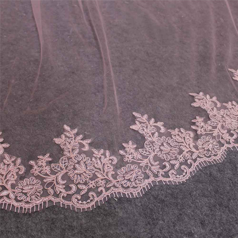 Velo de novia de una capa con borde de encaje, accesorio de boda de tul rosa sin peine, imágenes reales