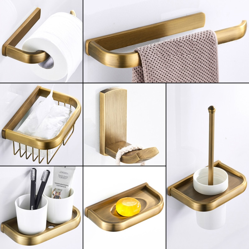 Antieke Badkamer Accessoires Brons WC Papier Houders Robe Handdoek Jas Haak Toiletborstel Houder Zeep Mand Badkamer Hardware Set