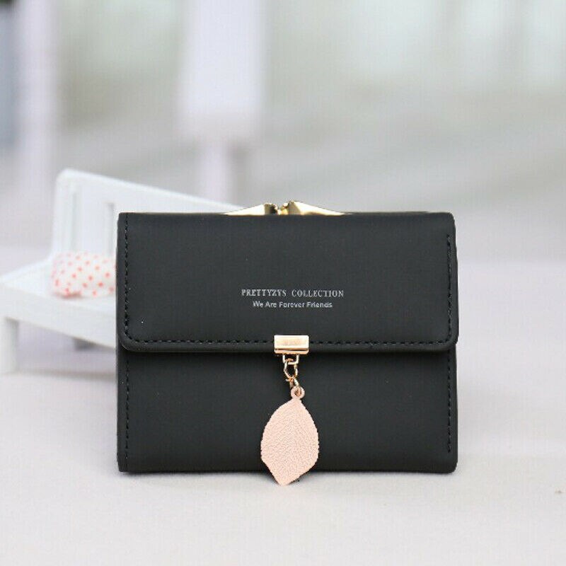 Women's Short Wallet PU Leather Leaf Tassel Clutch Portable ID Credit Card Holder purse: Black