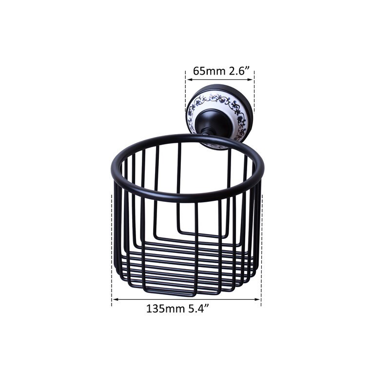JIENI Wall Mounted Black Brass Bathroom Paper Basket Ceramic handle Bath Shower Shelf Oval Basket Holder Building Material