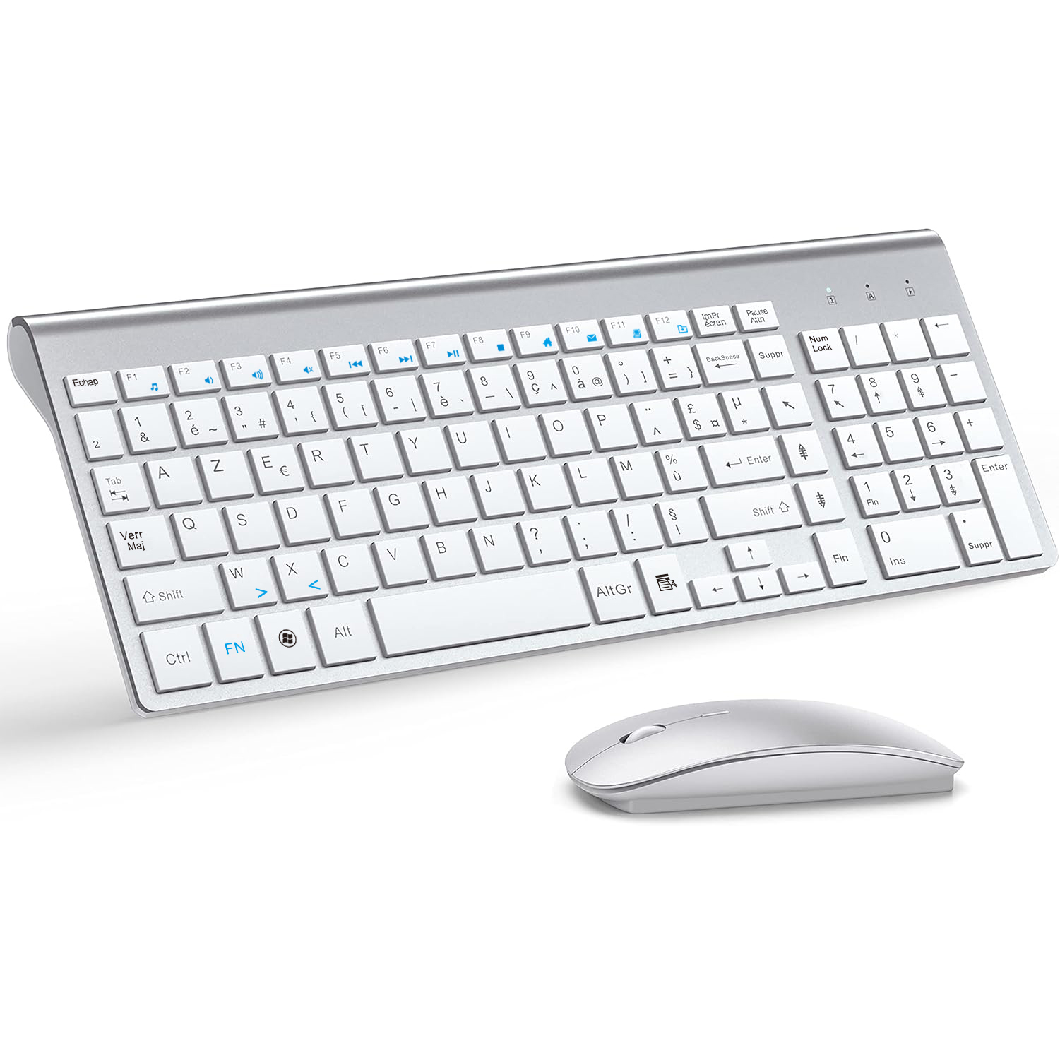AZERTY French Layout 2.4G Mouse Keyboard Ultra-Slim Wireless Keyboard and Mouse Set Silent Compact for PC Laptop Windows: Silver