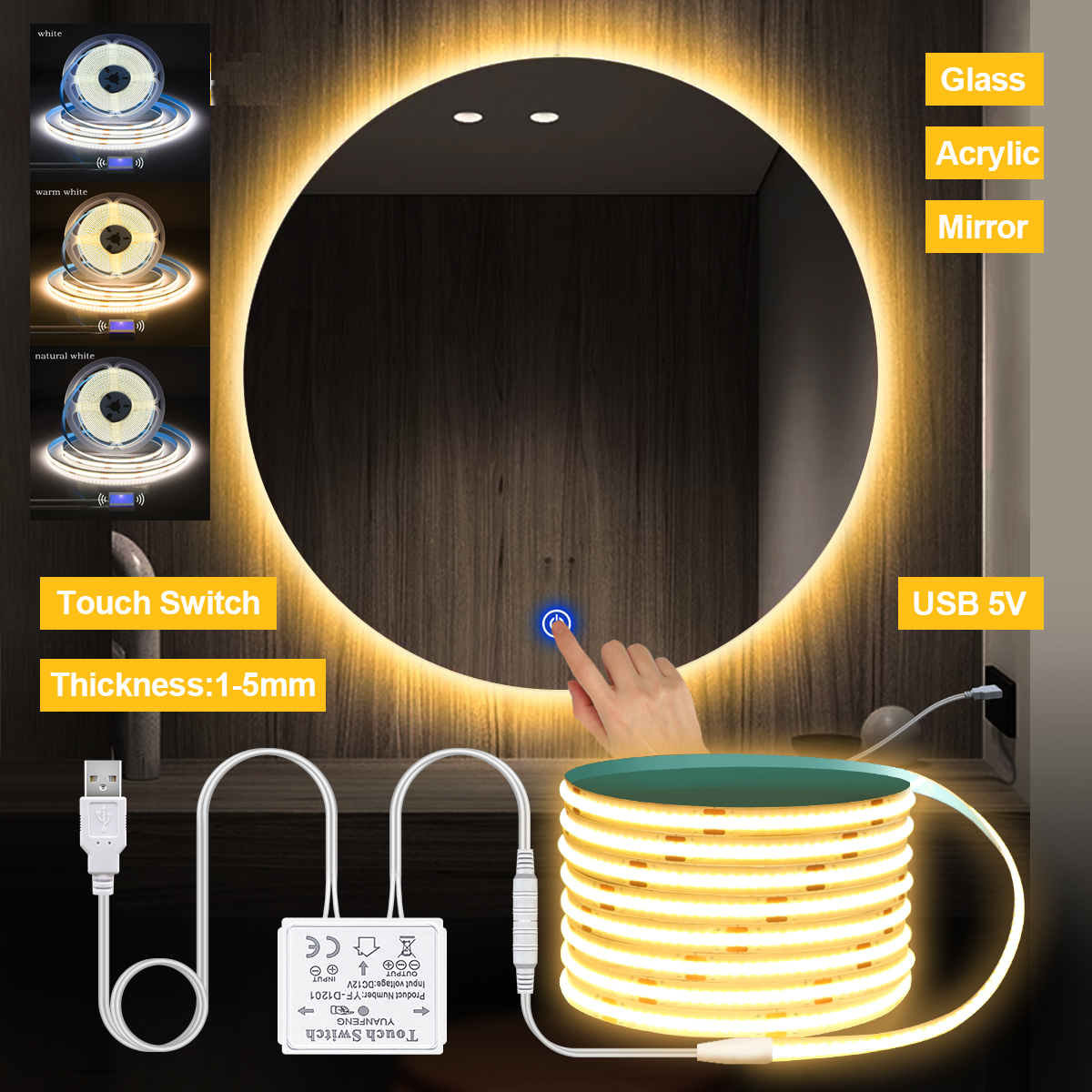 Espejo de maquillaje para baño, lente de cristal, tira de luz LED COB de 5V, alimentado por USB, interruptor regulable con Sensor táctil de tocador de pared Penetrable