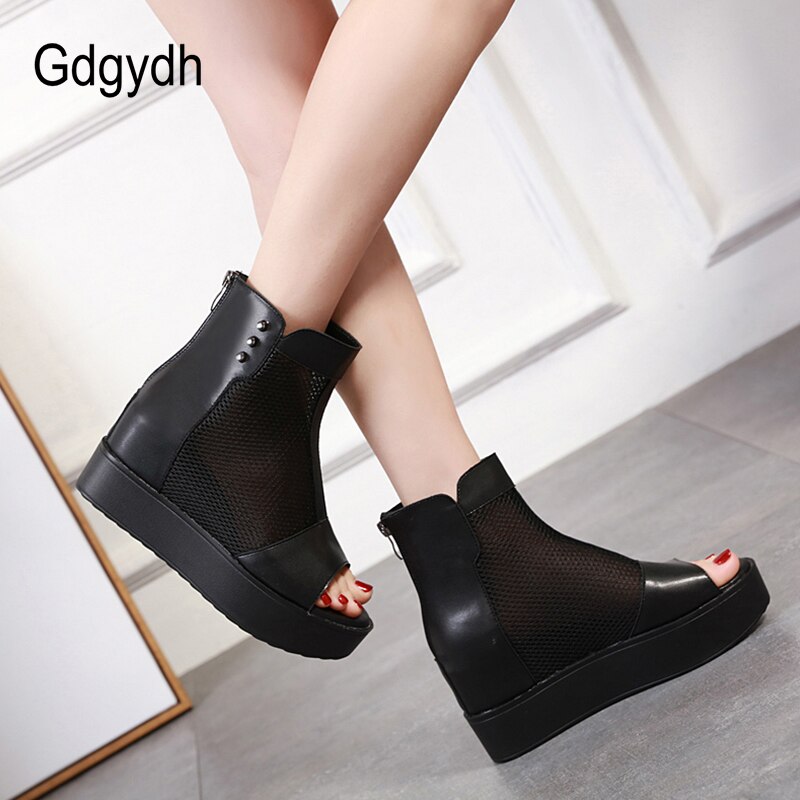 Gdgydh Offene spitze Stiefeletten hoch Fersen Plattform Stiefel Frauen Schwarz Leder Damen Sommer Schuhe Herbst Grundlegende Reißverschluss Keil Komfortable
