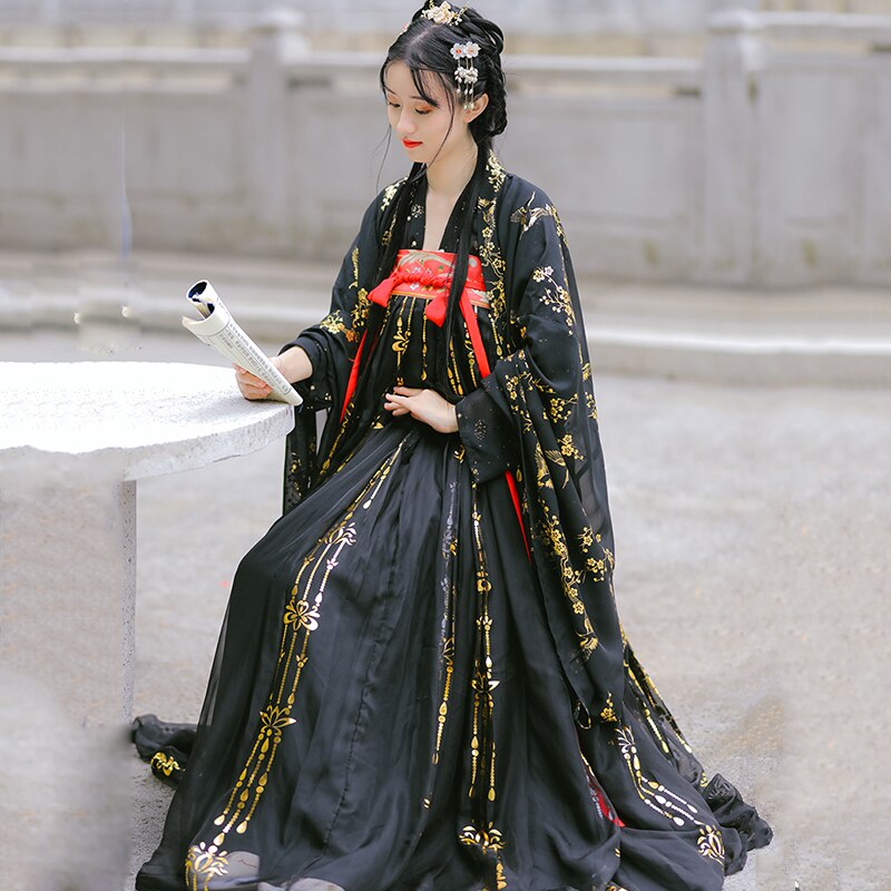 Mujeres negro Hanfu tradicional chino ropa Festival traje bordado estilo antiguo popular puesta en escena trajes de baile DN5500