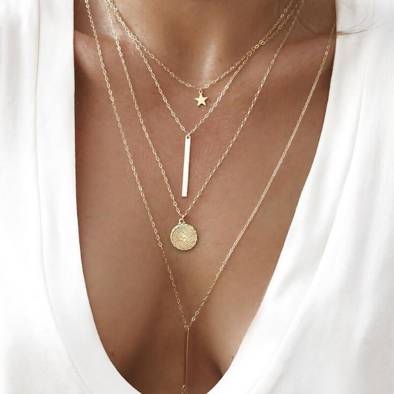 Docona Bohemian Moon Pendant Necklace for Women Rose Flowers Multilayer Shell Heart Gold Chain Chokcer Jewelry: 3869