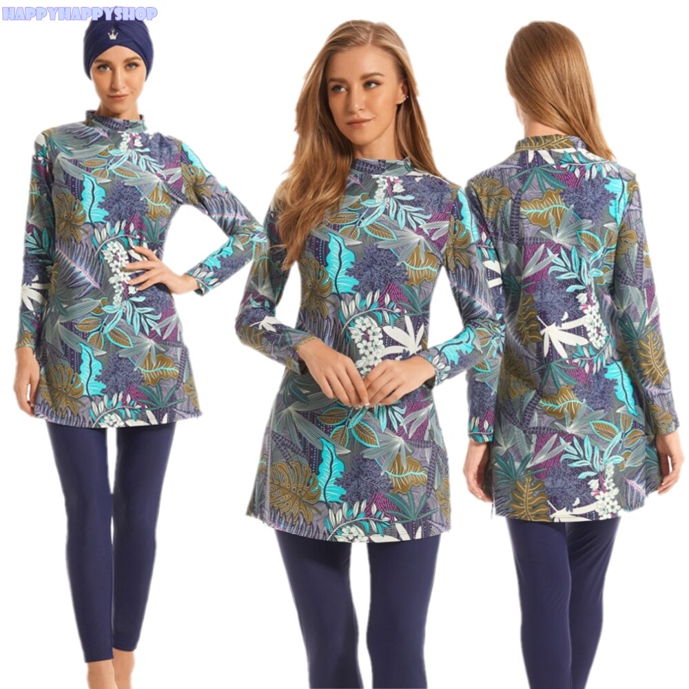 Women's Modesty Long Sleeve Printed Swimsuit Swimwear Beachwear Maxi Full Cover Burkinis Plus Size Swimming Beach Bathing Suits