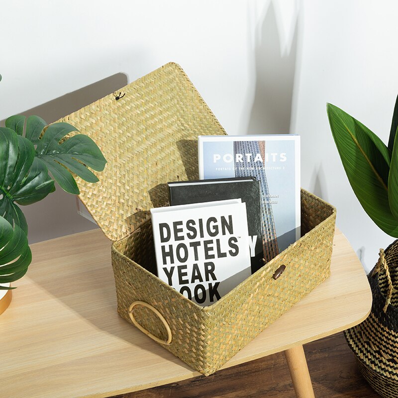 Wicker Basket Natural Seagrass Storage Basket with Lid Handwoven Storage Box Rattan Sundaries Organizer Multipurpose Container