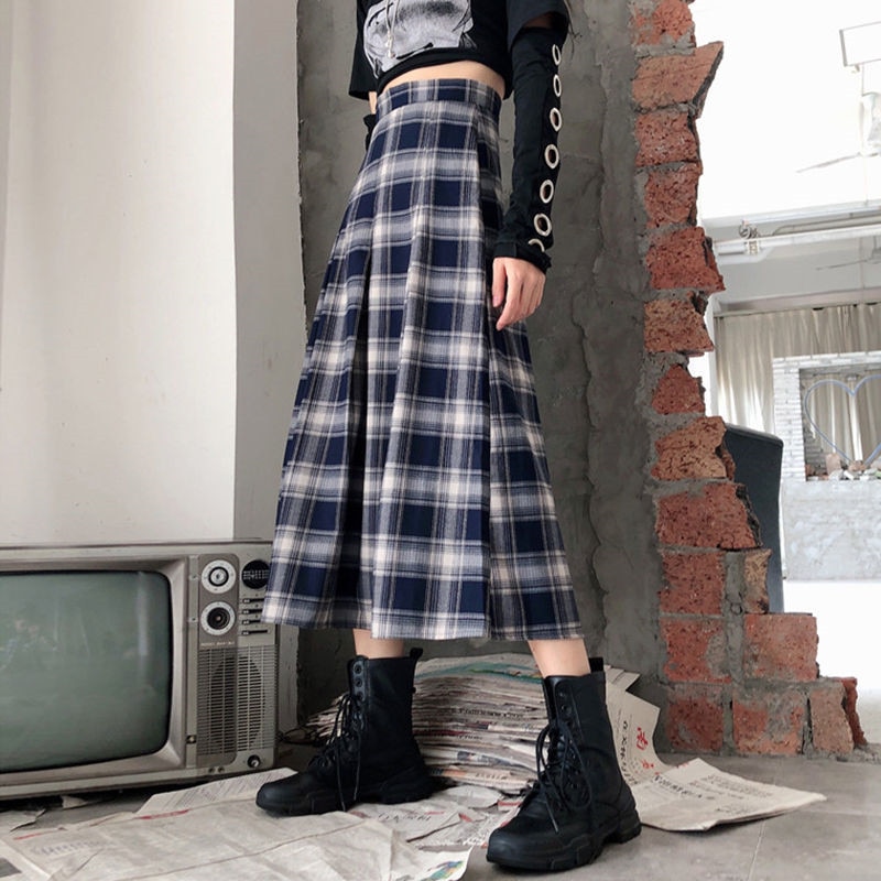 Vår sommar gotiska långa rutiga kjolar vintage dam midi plisserad kjol korean harajuku punk tjejer a-line kjol kläder saia
