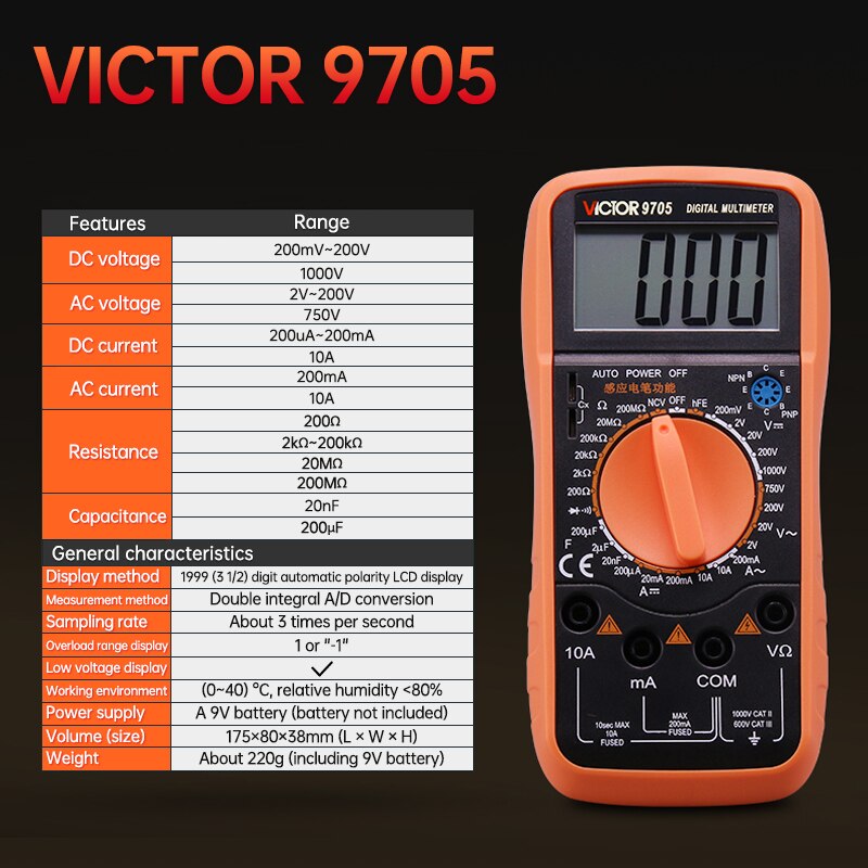 Multimètre numérique haute précision VICTOR VC890C multimètre numérique universel automatique Compact et facile à utiliser: VC9705