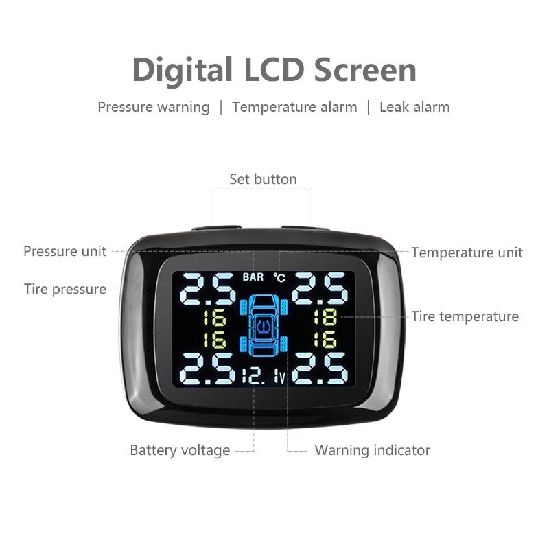 TPMS cigarette lighter car tire pressure high sensitivity alarm system external internal sensor LED display USB external port