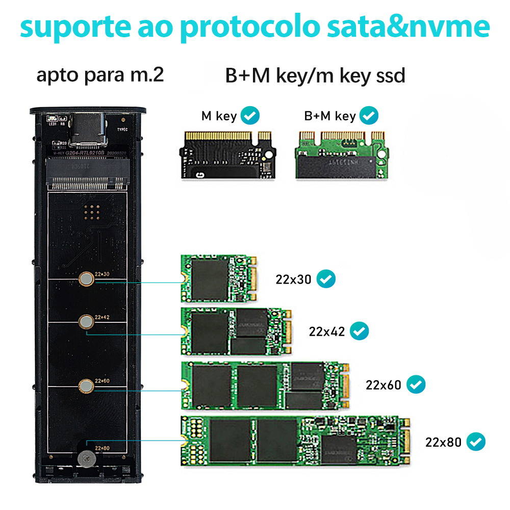 M.2 NVMe SATA SSD Enclosure Reader,10Gbps USB C 3.1 Gen2 NVMe External Enclosure Supports M key B&M Key 2230/2242/2260/2280 SSD