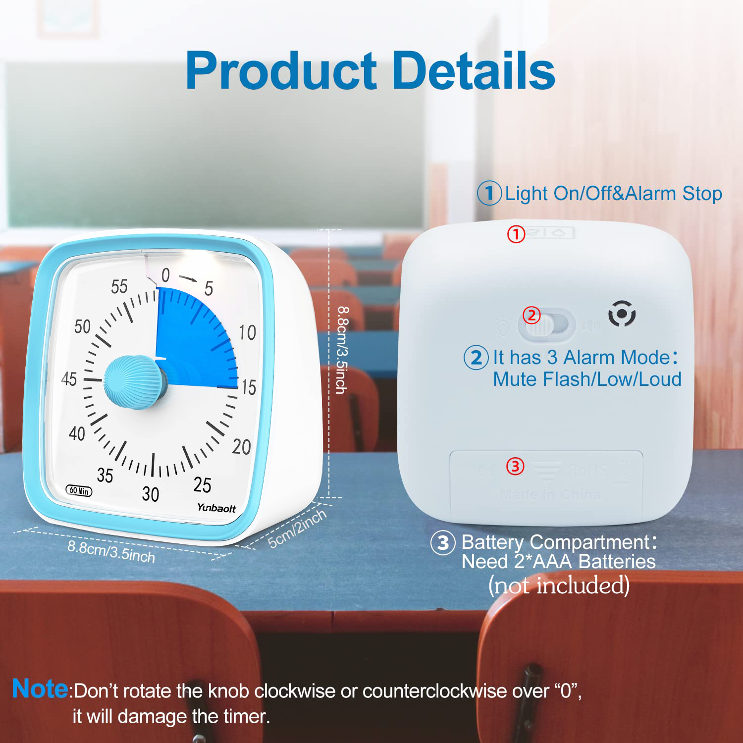 Yunbaoit Visual Timer with Night Light, 60-Minute Countdown Timer for Kids and Adults, Silent Timer for Home, Kitchen, Or School