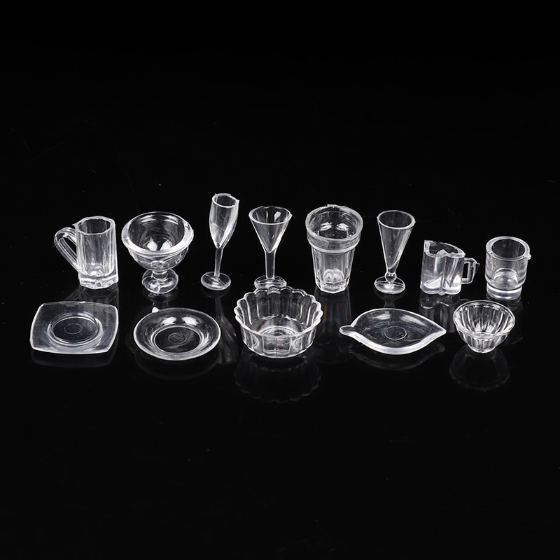 13/17Pcs Mini Transparent Kitchenware Toy Drink Cups Plate Tableware Miniatures