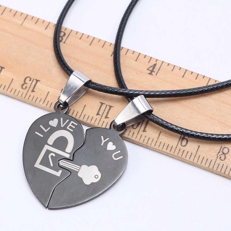 Couple Necklace Two Halves of Heart Splicing Pendant Black Love Key and Lock Men and Women Love Heart Necklaces