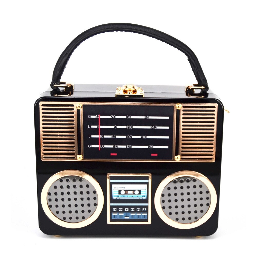 Caja de mano de Radio acrílica negra para mujer, bolso de mano de para , bolso de noche, bolso de maletero, Pochette con bolso de hombro con correa