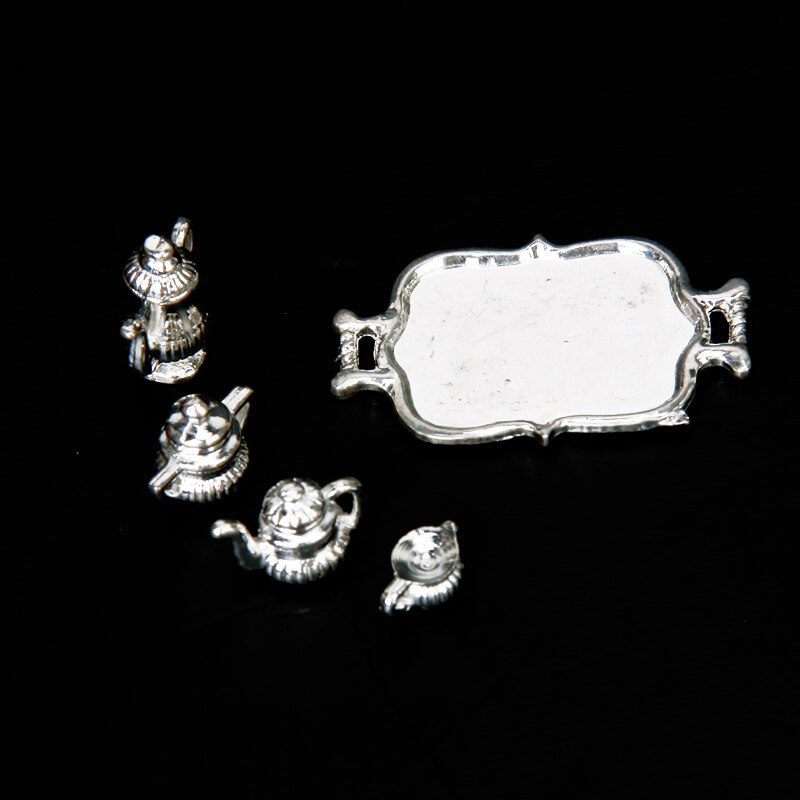 Dolls house Miniature Vintage Silver Tea Coffee Cups Tray Set Tableware 1/12