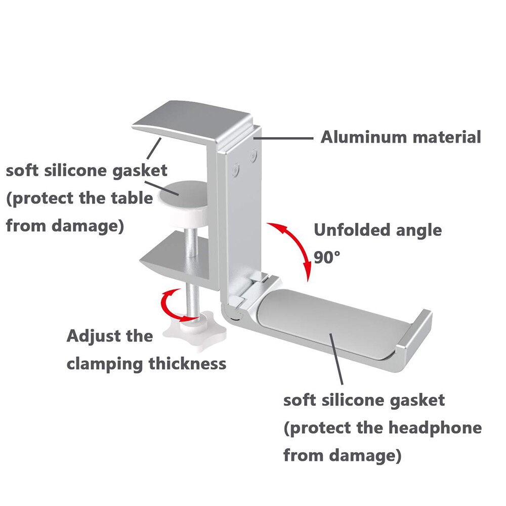 Universal Headset Hanger Headphone Hook Holder Aluminum Alloy with Foldable Clamp Supports Horizontal Vertical Installation