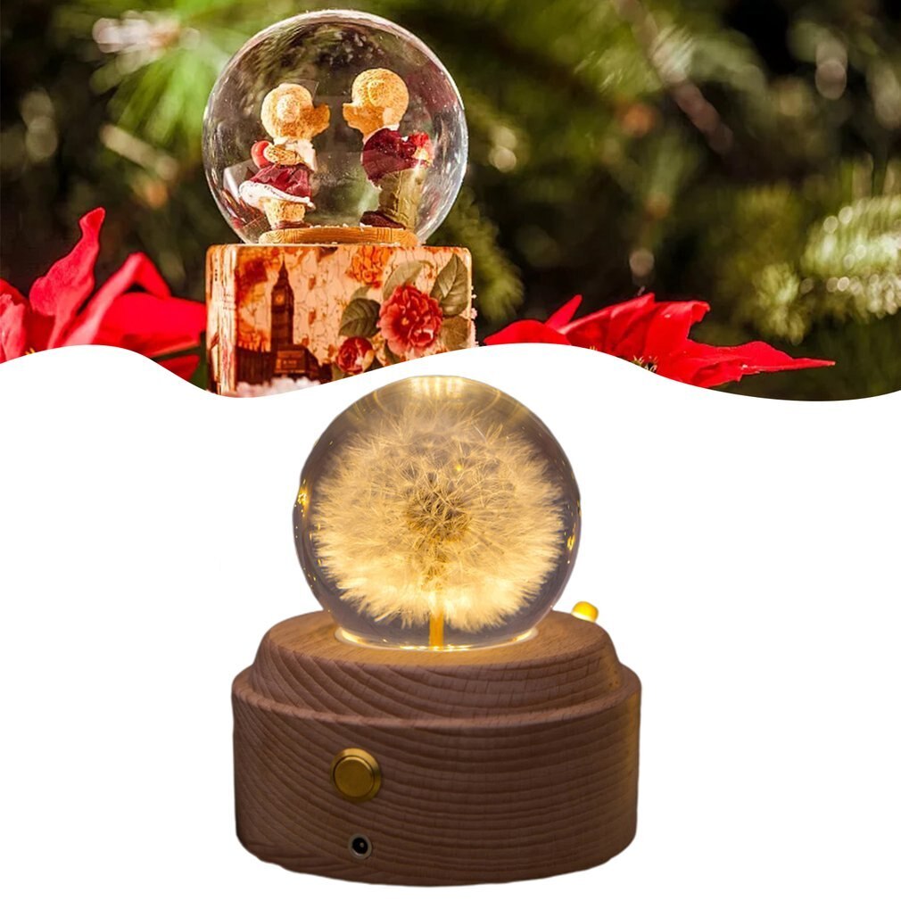 Luminous Dandelion Crystal Ball Music Box Birthday Eternal Flower Music Box Wooden Base Music Box