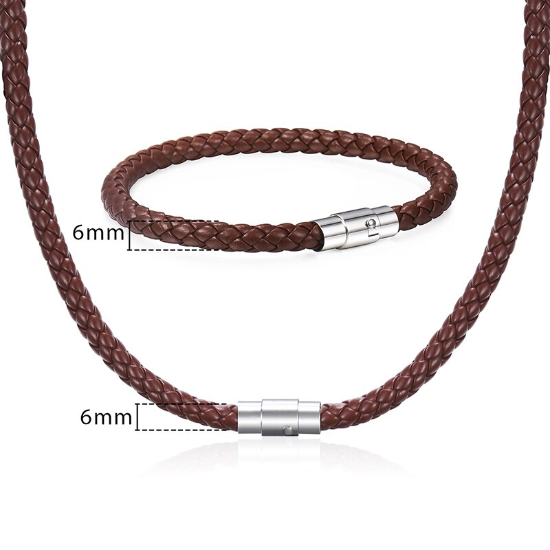 Davieslee Men Women&#39;s Leather Jewelry Set Black Brown Braided Rope Leather Bracelet Necklace Set Jewelry 4 6 8mm DUSM04: 6mm Brown / 24inch and 10inch