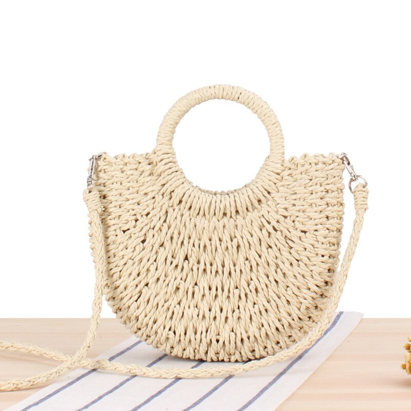 Messenger Bag Handbag Simple Style Popular Semi-circular Straw Woven Bags Beach Hand-woven Bag Female Bags: Beige