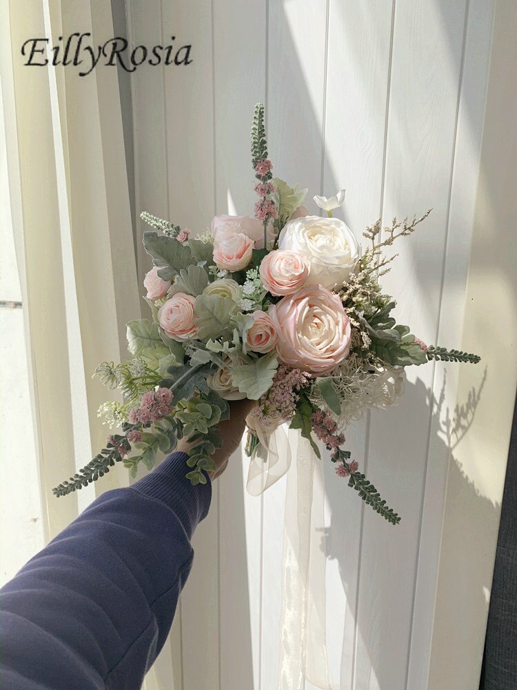 EillyRosia Pink and White Bride Bouquet French Roses Romantic Rustic Wedding Bouquet Decoration Bridesmaid Holding Flowers Hoop