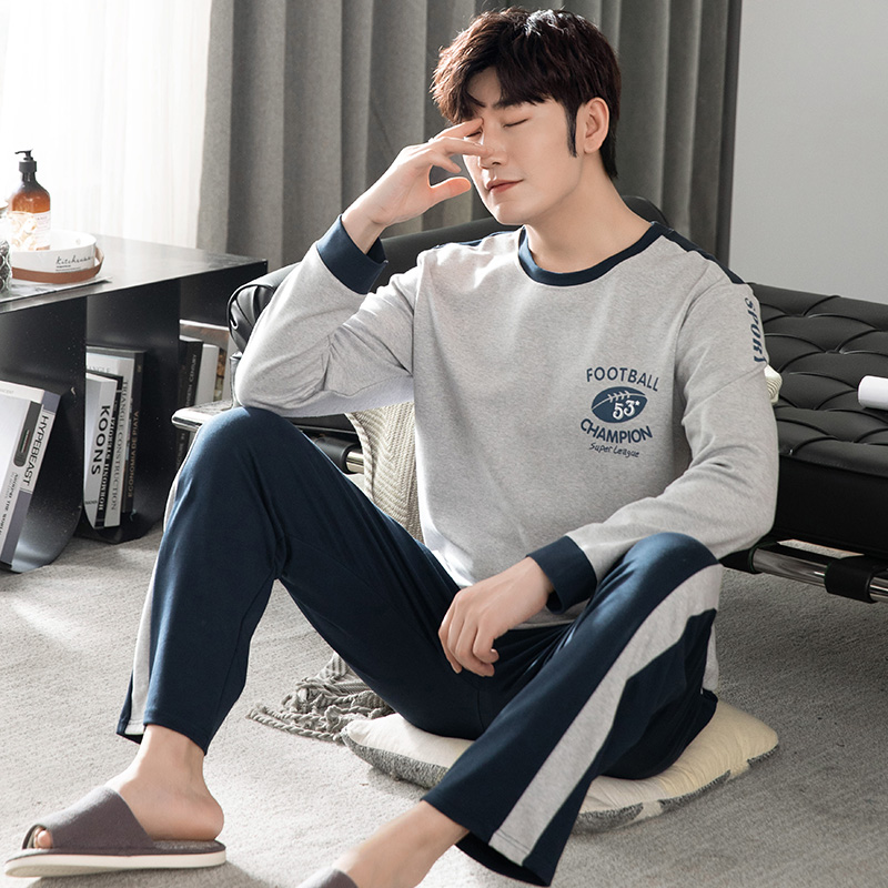 Autumn Winter Mens Full Pure Cotton Pajamas Letter Sleepwear Splicing Pajama Sets Casual Sleep&amp;Lounge Pyjamas Big Yards M-XXXL