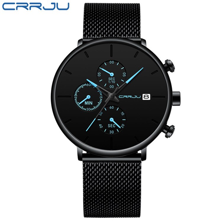 Crrju ur herre vandtæt slim mesh rem minimalistiske armbåndsure til mænd quartz sportsur ur relogio masculino: 2268- blå