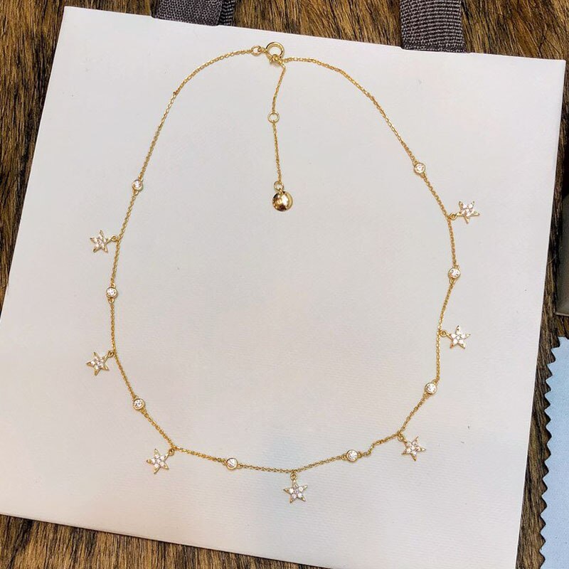 SLJELY Brand Real S925 Sterling Silver Yellow Gold Color Stars Necklace Micro Cubic Zirconia Women Party Jewelry