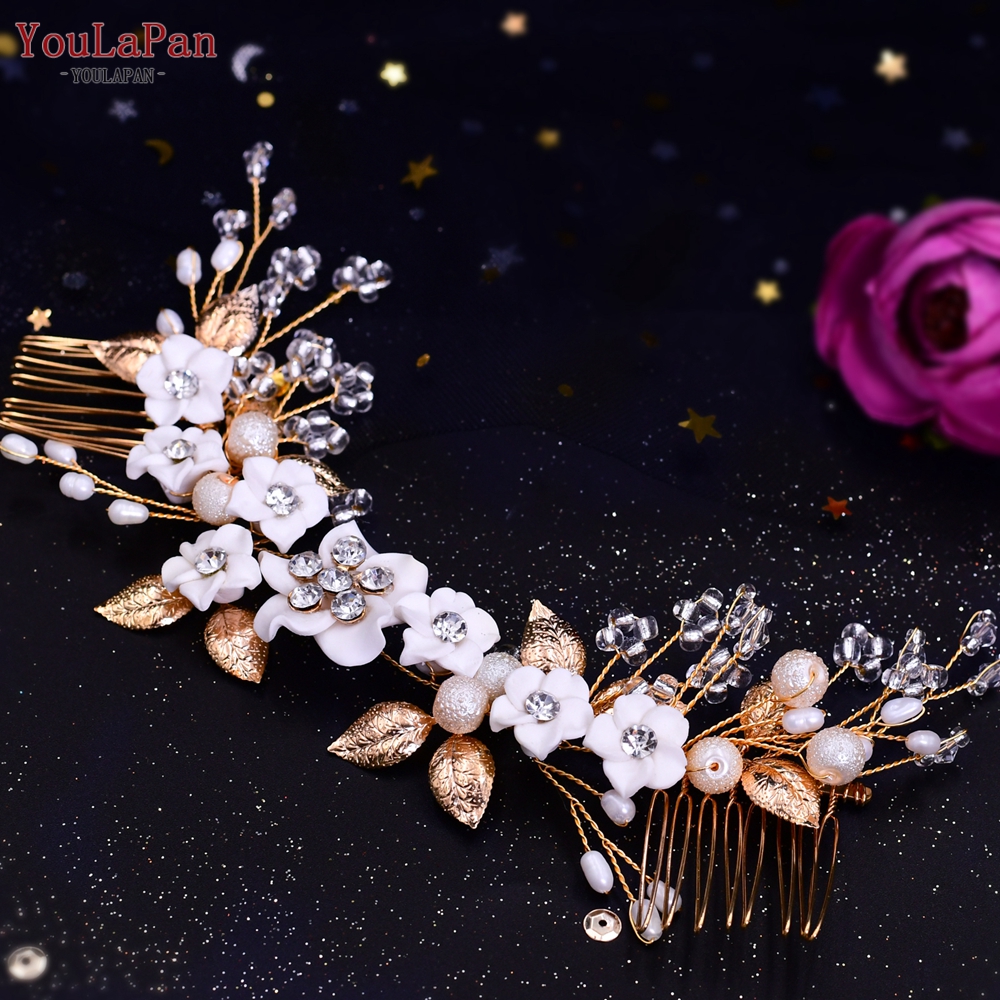 Topqueen-acessórios de cabelo hp301, estilo indiano, para noivado, fabricado em liga de flores, coroa e tiaras, prata, para casamento: HP337-Gold