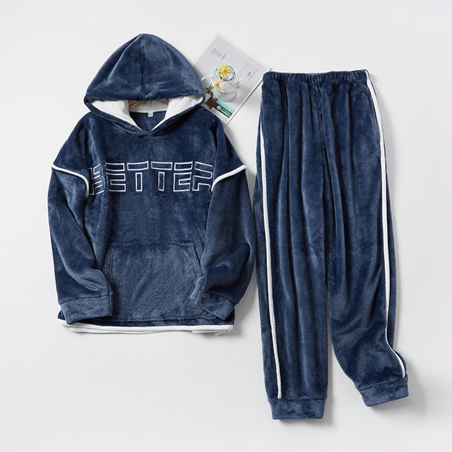 Pijama de franela con capucha para hombre, conjunto de 2 unids/set/conjunto de ropa de dormir gruesa y cálida para parejas, trajes informales sueltos para el hogar: Navy Blue / M(50-70KG)