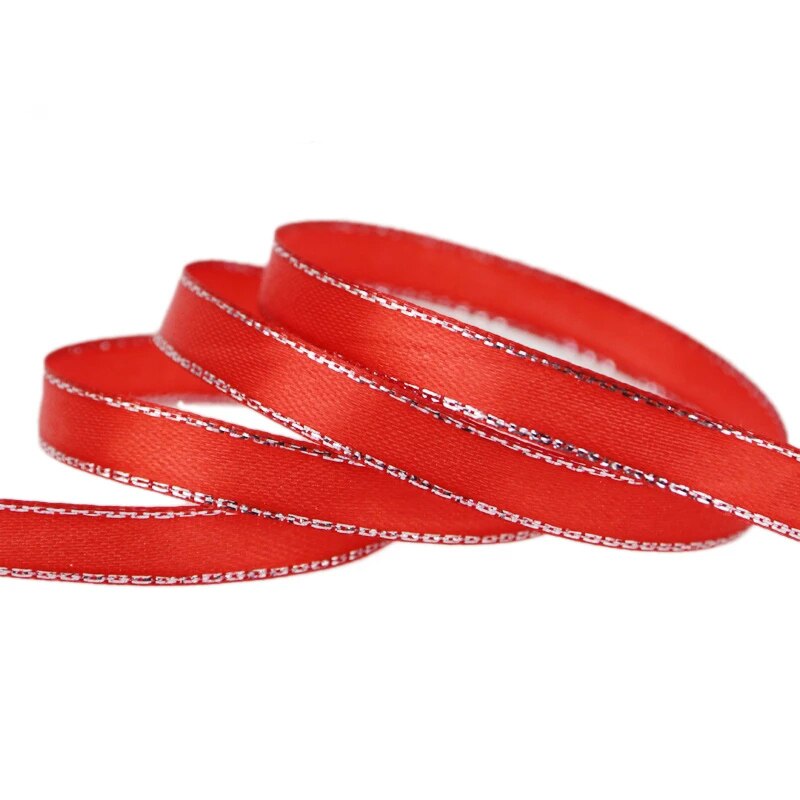 (25 yards/lot ) 10mm förpackningsband för satinband i vit silverkant
