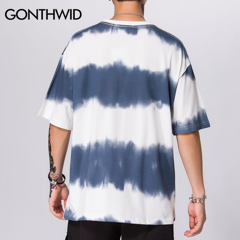 GONTHWID Tie Dye Striped Tees Shirts Summer Casual Streetwear Tshirts Harajuku Hip Hop Short Sleeve Tops Hipster T-Shirt