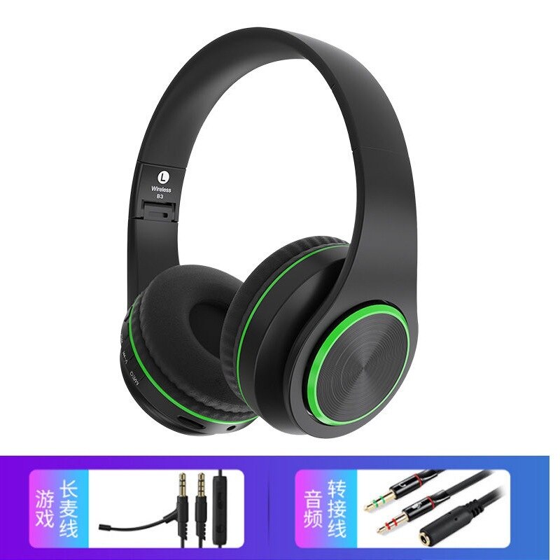 Auriculares inalámbricos con Bluetooth plegables para teléfono móvil, caja en funcionamiento, diadema para hombre, Bass Music musical: Black and Green Bluetooth Headset   Game Microphone  Mobile Phone Computer Universal 