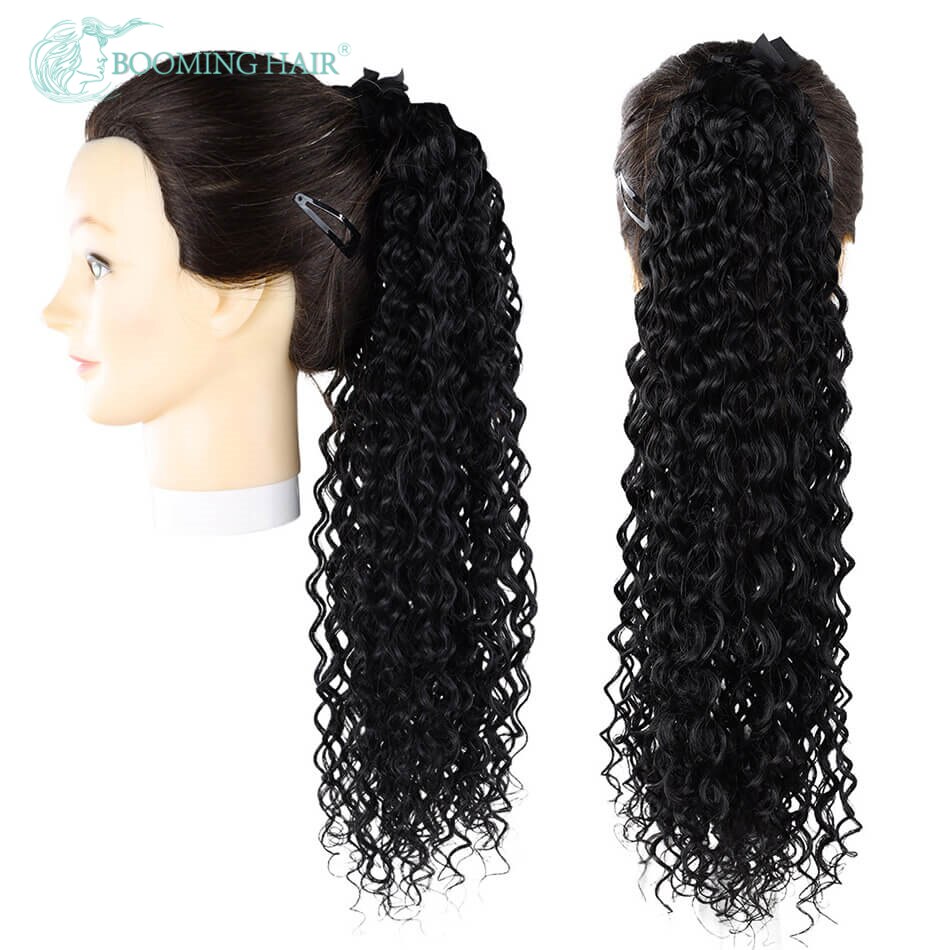 BOOMING HAIR 20inch Jerry Curly Wrap Drawstring with Clip for Women Clip in Synthetic Ponytail Hair Extension: #1B