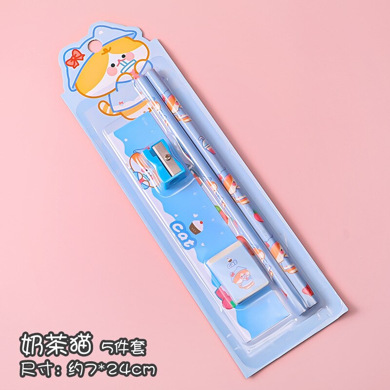 5 In 1 Cartoon Stationery Set Students Learn Pencil Sharpener Eraser Ruler School Drawing Tool Sketch Supplies Kindergarten